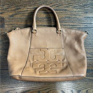 Tory Burch Camel Pebbled Leather Logo Tote
